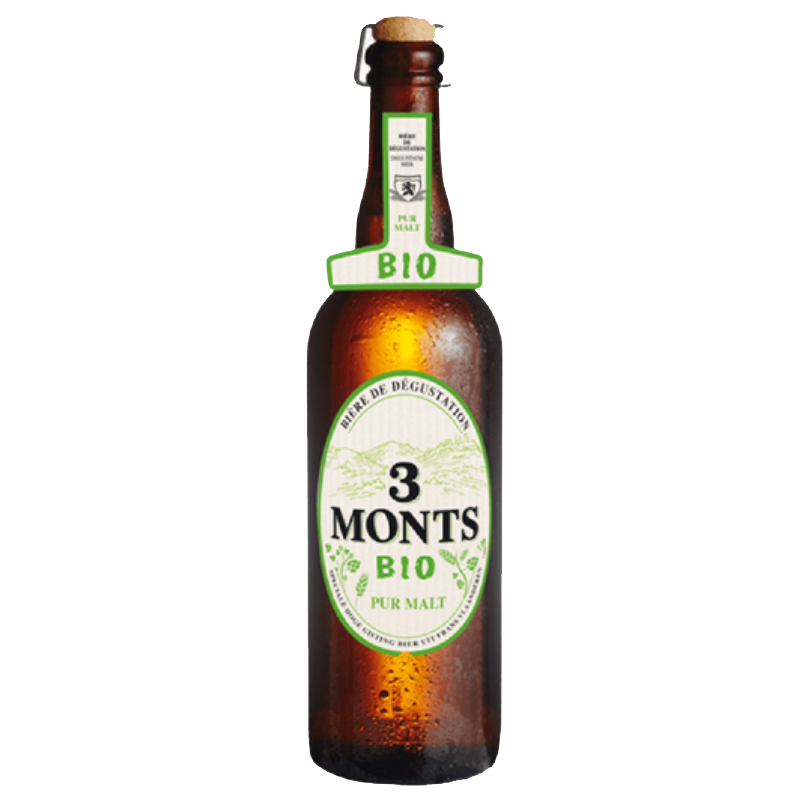 Bouteille de bière 3 Monts Bio Pur Malt 75cl avec une mousse dorée Bouteille de bière 3 Monts Bio Pur Malt 75cl avec une mousse dorée