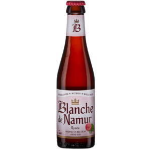 Bouteille de Blanche de Namur Rosée avec son étiquette distinctive et une mousse légère.
