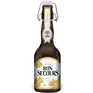 Bouteille de bière Bon Secours Prestige Triple avec mousse dorée et bulles fines