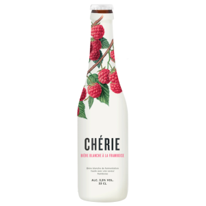 Bouteille de bière fruitée Chérie à la Framboise avec mousse rosée