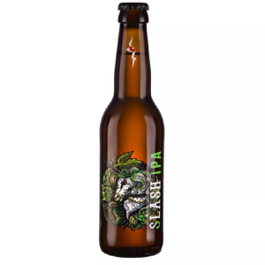 Bouteille de bière Licorne Slash IPA avec robe blonde dorée et étiquette sauvage