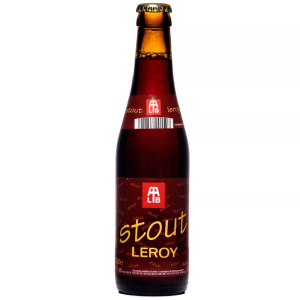 Bouteille de bière Leroy Stout noire artisanale belge avec mousse beige