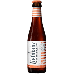 Bouteille de bière Liefmans Peach fraîche avec fond estival