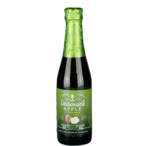 Photo de la bière Lindemans Pomme en bouteille avec sa robe blonde dorée