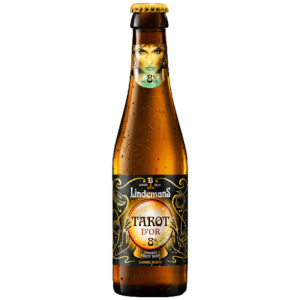 Bouteille de bière Lindemans Tarot d'Or 25cl sur fond blanc