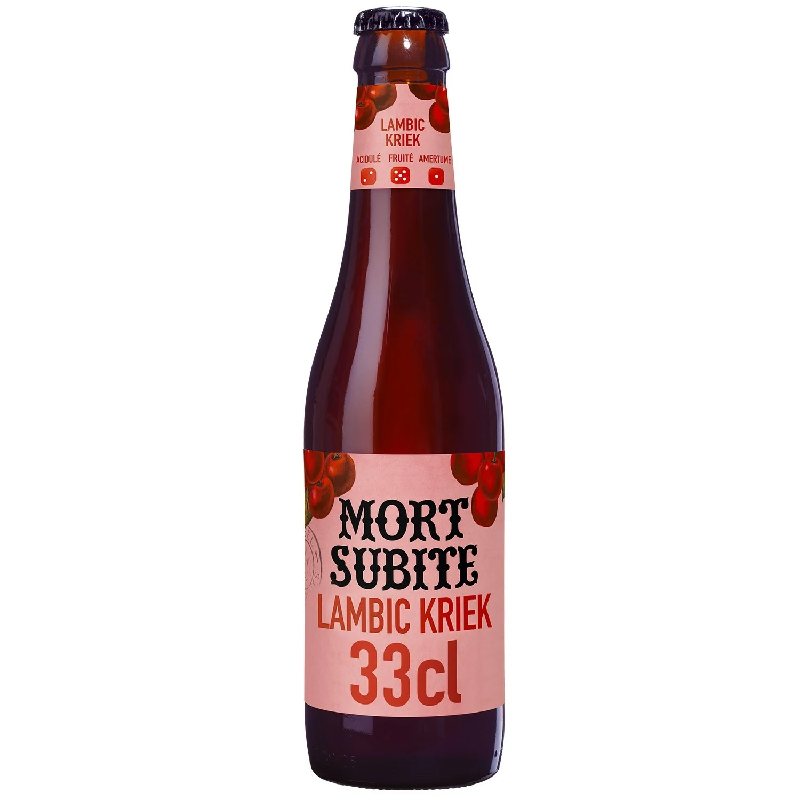 Bouteille de bière Mort Subite Kriek avec étiquette visible Bouteille de bière Mort Subite Kriek avec étiquette visible