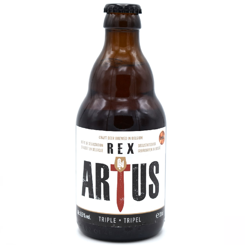 Bouteille de Rex Artus 8.5°, bière artisanale triple brassée en Belgique Bouteille de Rex Artus 8.5°, bière artisanale triple brassée en Belgique