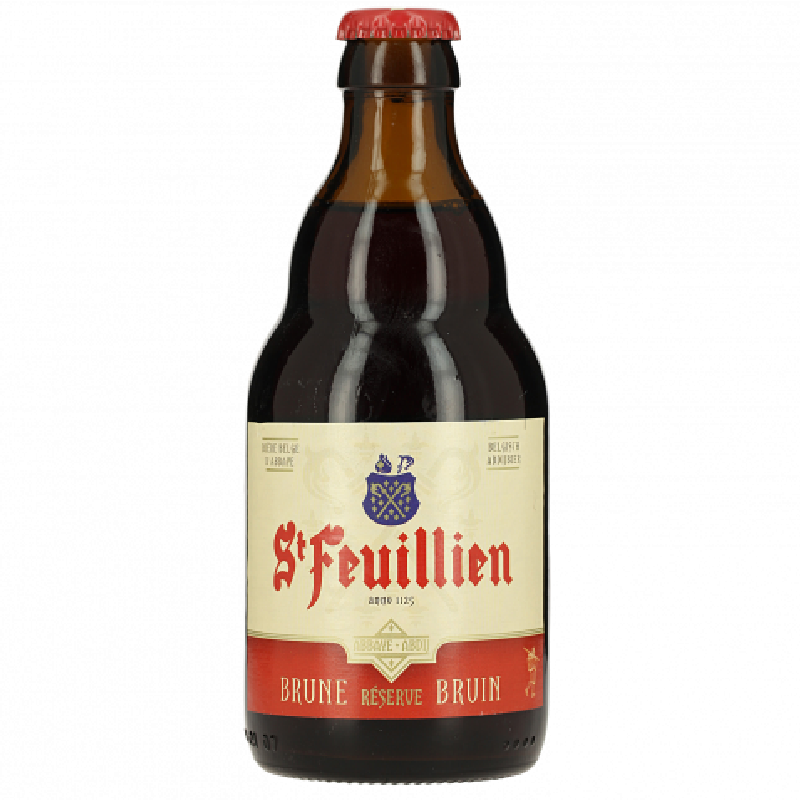 Bouteille de bière brune Saint Feuillien 8.5° avec mousse onctueuse Bouteille de bière brune Saint Feuillien 8.5° avec mousse onctueuse