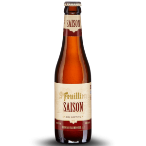 Bouteille de bière Saint Feuillien Saison dorée sur fond neutre