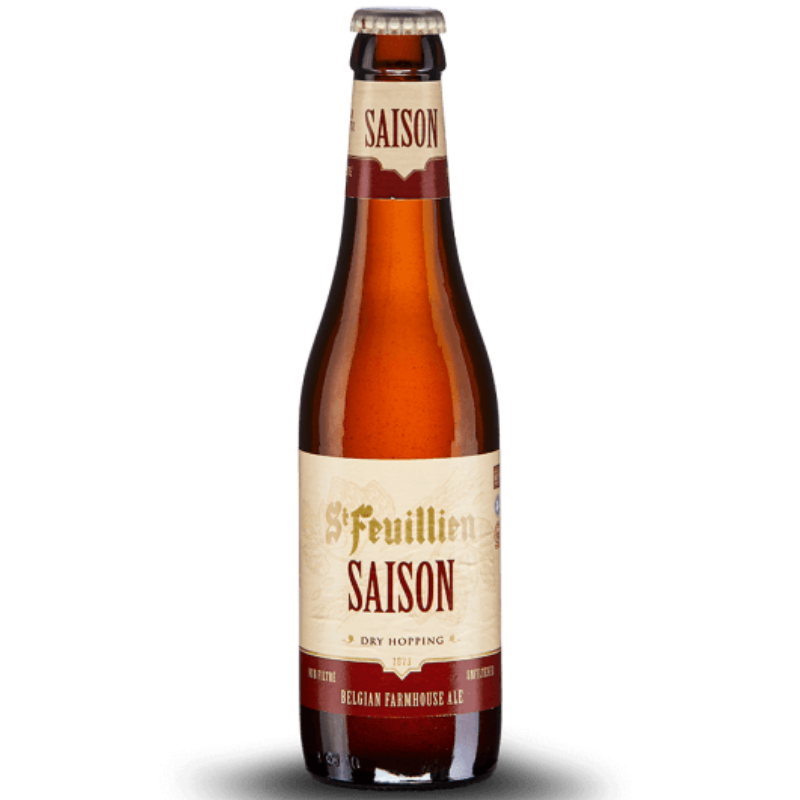 Bouteille de bière Saint Feuillien Saison dorée sur fond neutre
