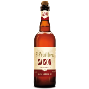 Bouteille de bière Saint Feuillien Saison 75 cl dorée sur fond neutre