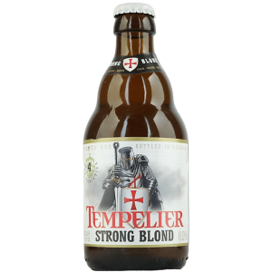 Bouteille de bière Tempelier Strong Blond 33cl avec mousse blanche et robe dorée