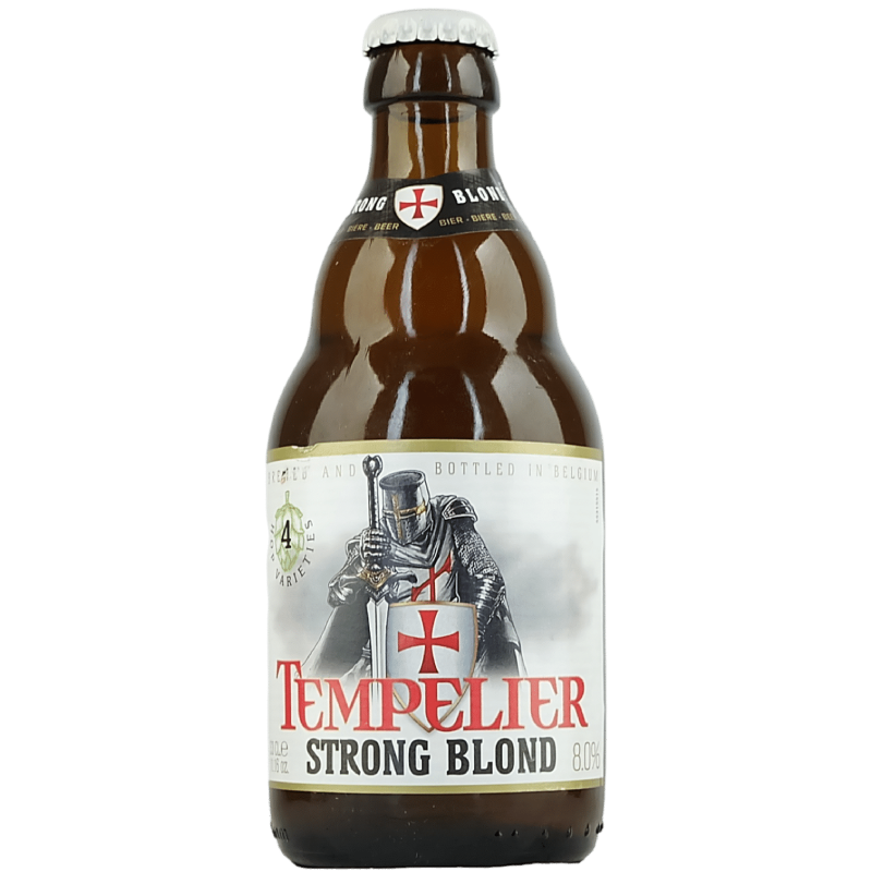 Bouteille de bière Tempelier Strong Blond 33cl avec mousse blanche et robe dorée Bouteille de bière Tempelier Strong Blond 33cl avec mousse blanche et robe dorée
