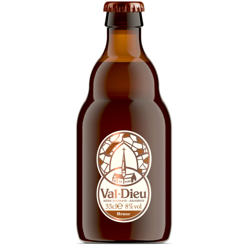 Bouteille de bière Val-Dieu Brune 33cl avec étiquette rouge et dorée Bouteille de bière Val-Dieu Brune 33cl avec étiquette rouge et dorée