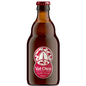 Bouteille de Val-Dieu Fruitée 33cl avec sa robe rouge et sa mousse rosée