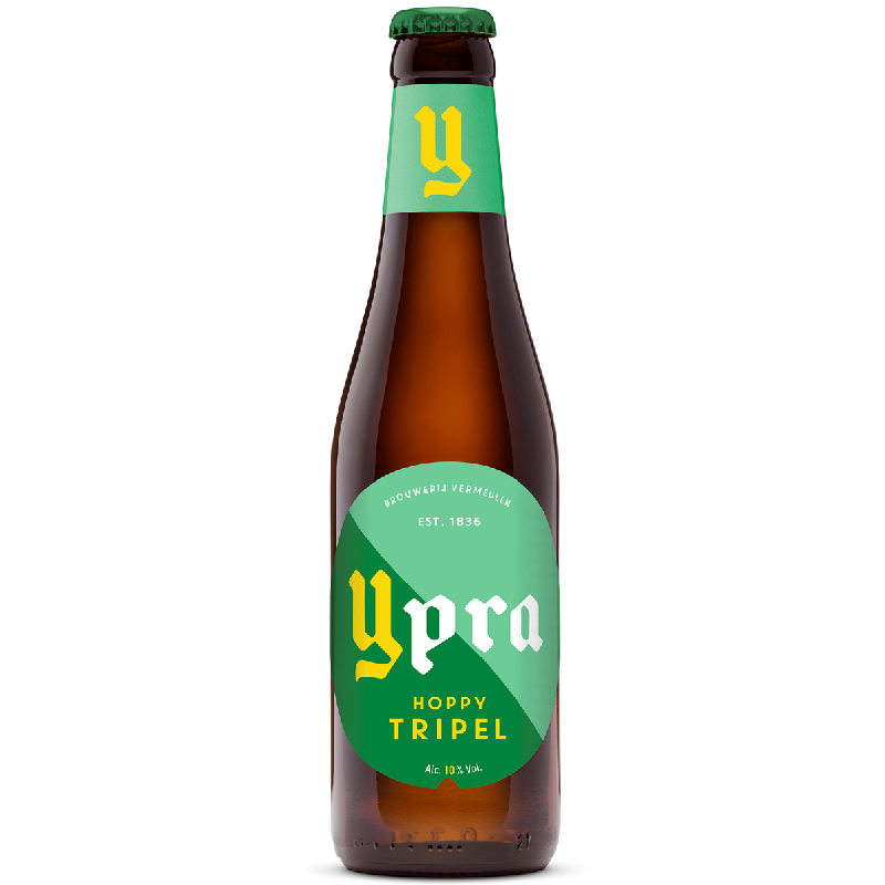 Bouteille de Ypra Hoppy Tripel 33cl avec mousse blanche crémeuse Bouteille de Ypra Hoppy Tripel 33cl avec mousse blanche crémeuse
