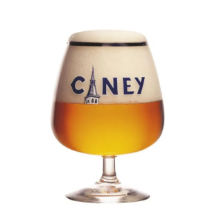 Verre à bière Ciney tulipe 25 cl avec logo bleu et bord doré sur fond neutre