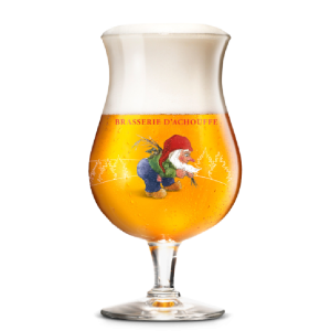 Verre tulipe La Chouffe 50 cl rempli, motif lutin et mousse généreuse