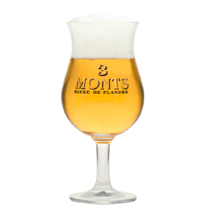 Verre tulipe 3 Monts rempli d’une bière blonde, marquage “3 Monts” visible.