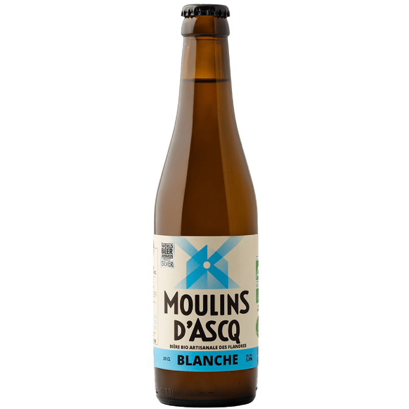 Bouteille de bière blanche bio Moulins d'Ascq 33 cl avec mousse fine Bouteille de bière blanche bio Moulins d'Ascq 33 cl avec mousse fine