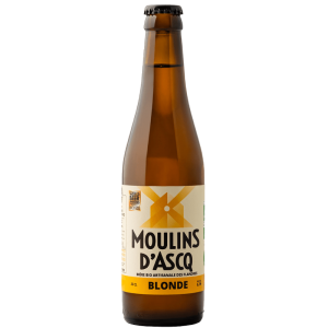 Bouteille de bière blonde bio Moulins d'Ascq 33 cl avec mousse dorée