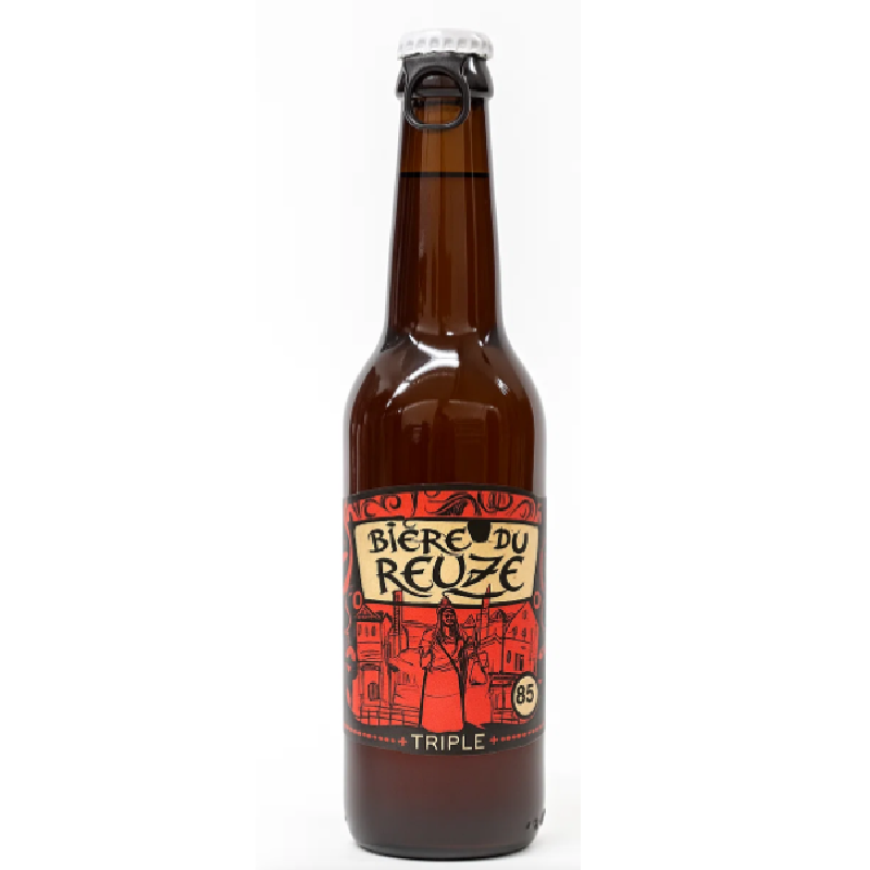 Bouteille de Reuze Triple 33 cl face, mousse généreuse et étiquette du Mont Cassel