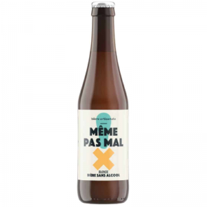 Bouteille de Même Pas Mal 33 cl, étiquette sobre et voilée, bière blonde sans alcool