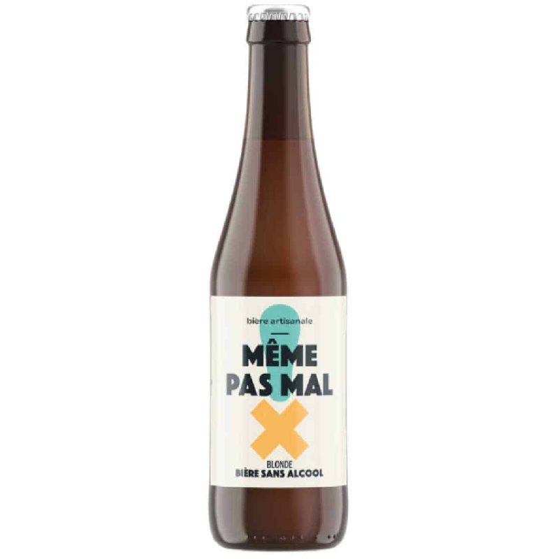 Bouteille de Même Pas Mal 33 cl, étiquette sobre et voilée, bière blonde sans alcool Bouteille de Même Pas Mal 33 cl, étiquette sobre et voilée, bière blonde sans alcool
