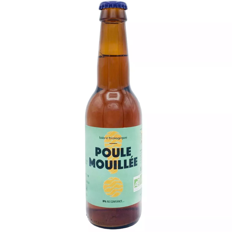 Bouteille de Poule Mouillée IPA 33 cl de la Brasserie Tandem, étiquette verte Bouteille de Poule Mouillée IPA 33 cl de la Brasserie Tandem, étiquette verte