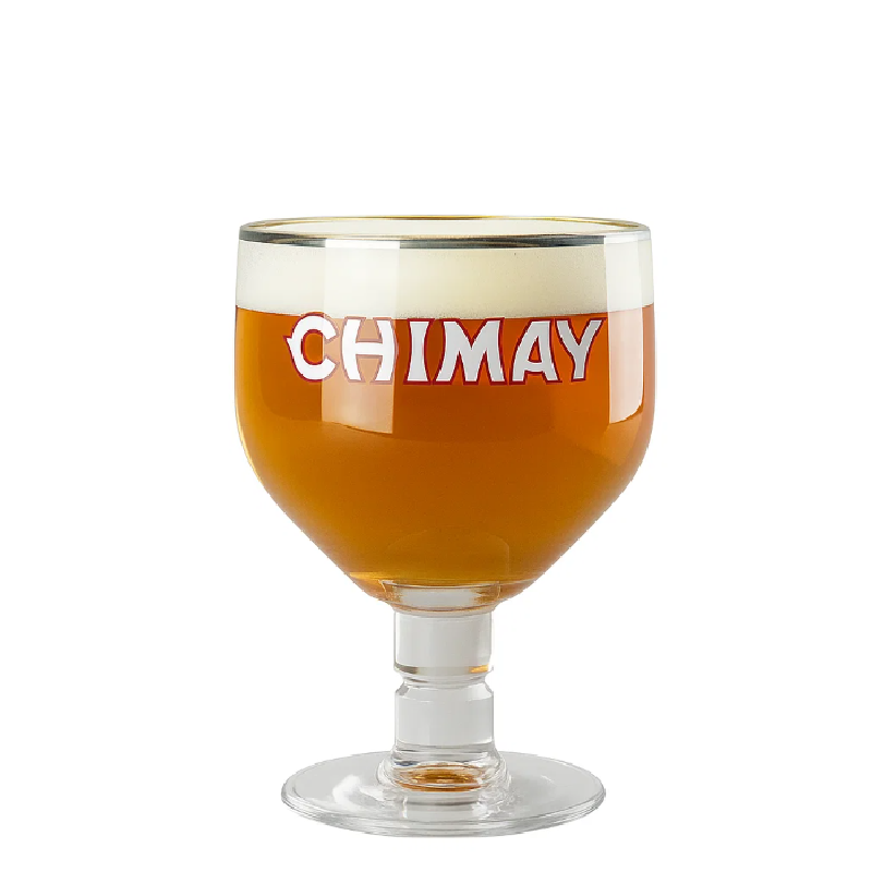 Verre calice Chimay 25 cl avec logo rouge et liseré argent élégant Verre calice Chimay 25 cl avec logo rouge et liseré argent élégant