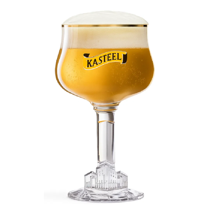 Verre Kasteelbier de 33 cl en verre transparent avec logo doré, base en forme de château