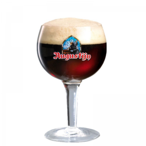 Verre calice Augustijn 25 cl rempli de bière foncée, pied élégant, logo Augustijn visible