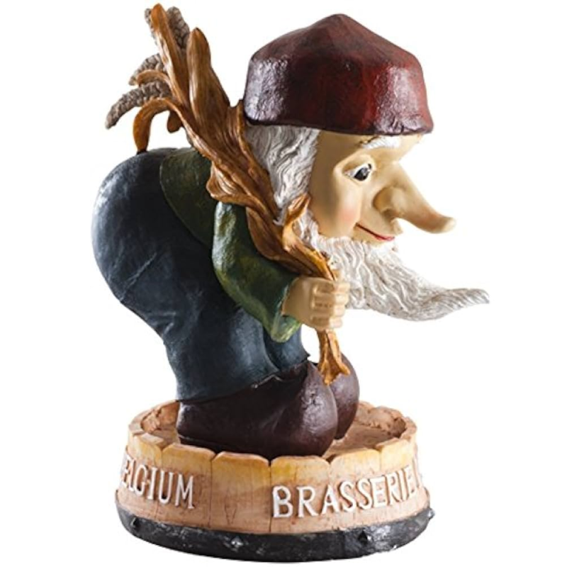 Statue résine du nain Chouffe coiffé d’un bonnet rouge et portant une gerbe Statue résine du nain Chouffe coiffé d’un bonnet rouge et portant une gerbe